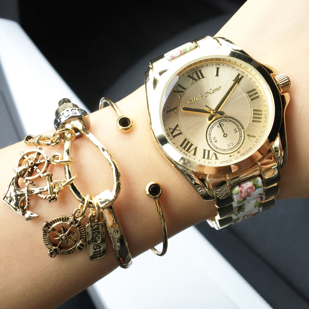 Flower print metal watch (2 colors)