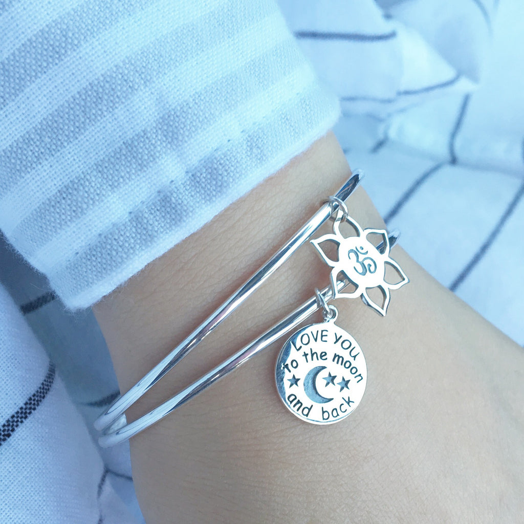 Om Lotus sterling silver bangle bracelet