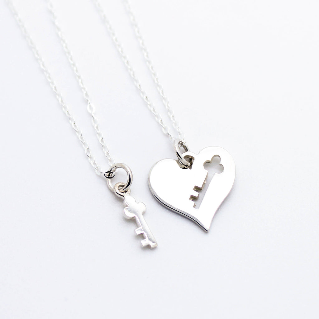 Key + Heart sterling silver necklace set