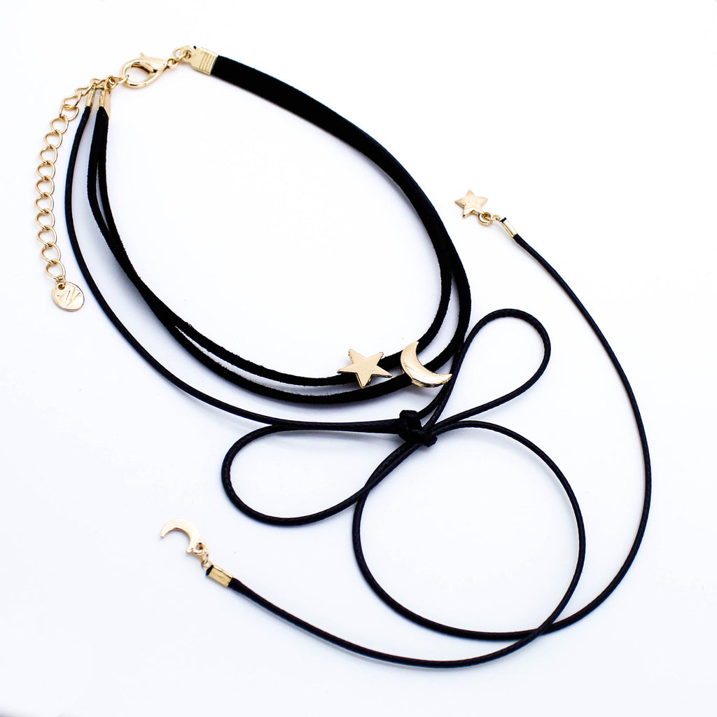 Moon & star bow choker necklace