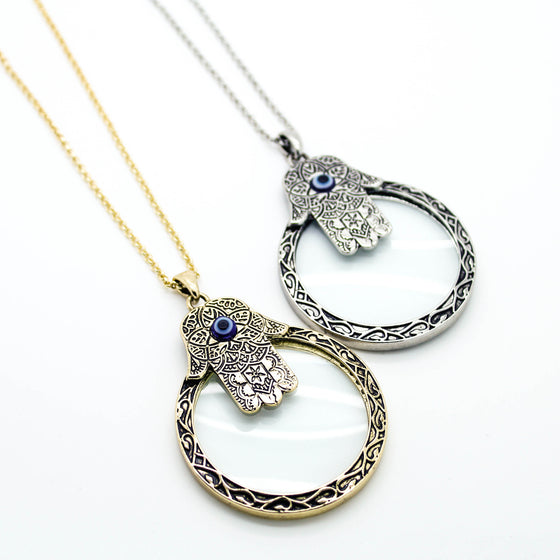 Hamsa magnifying glass necklace