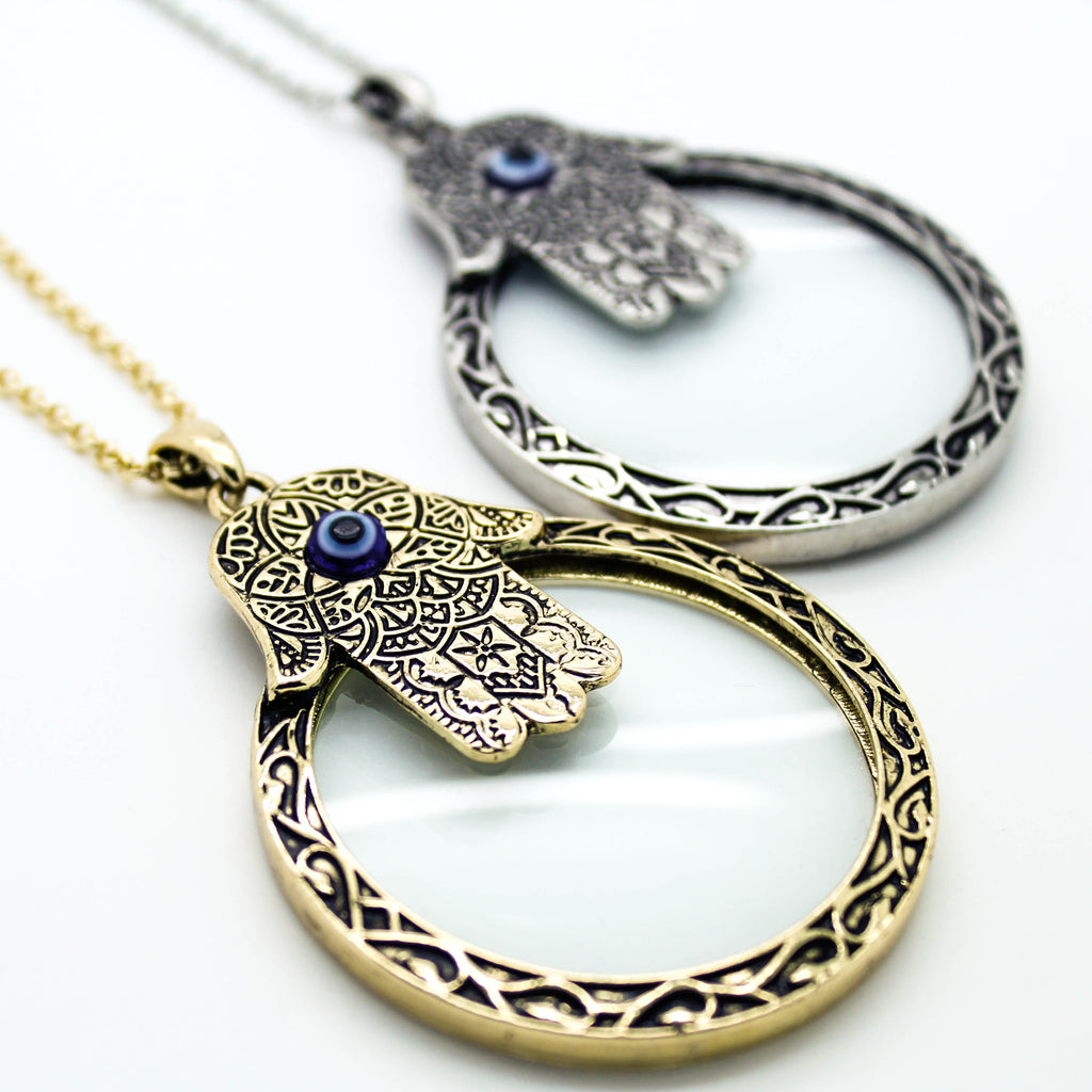 Hamsa magnifying glass necklace
