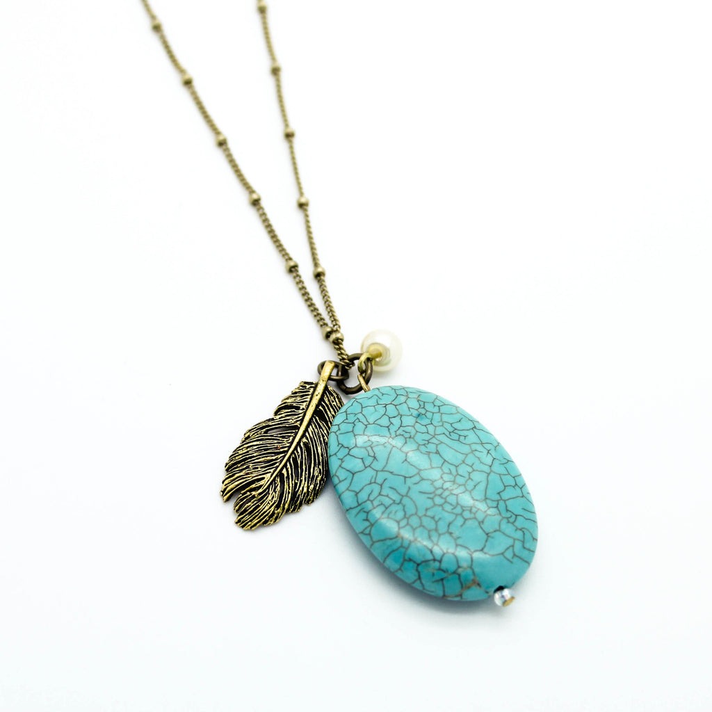 Feather stone long necklace