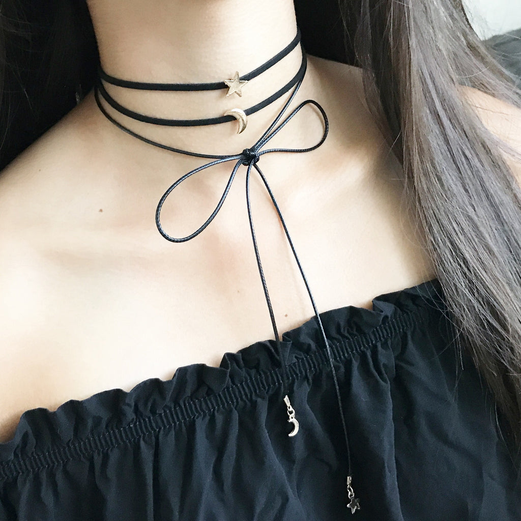 Moon & star bow choker necklace