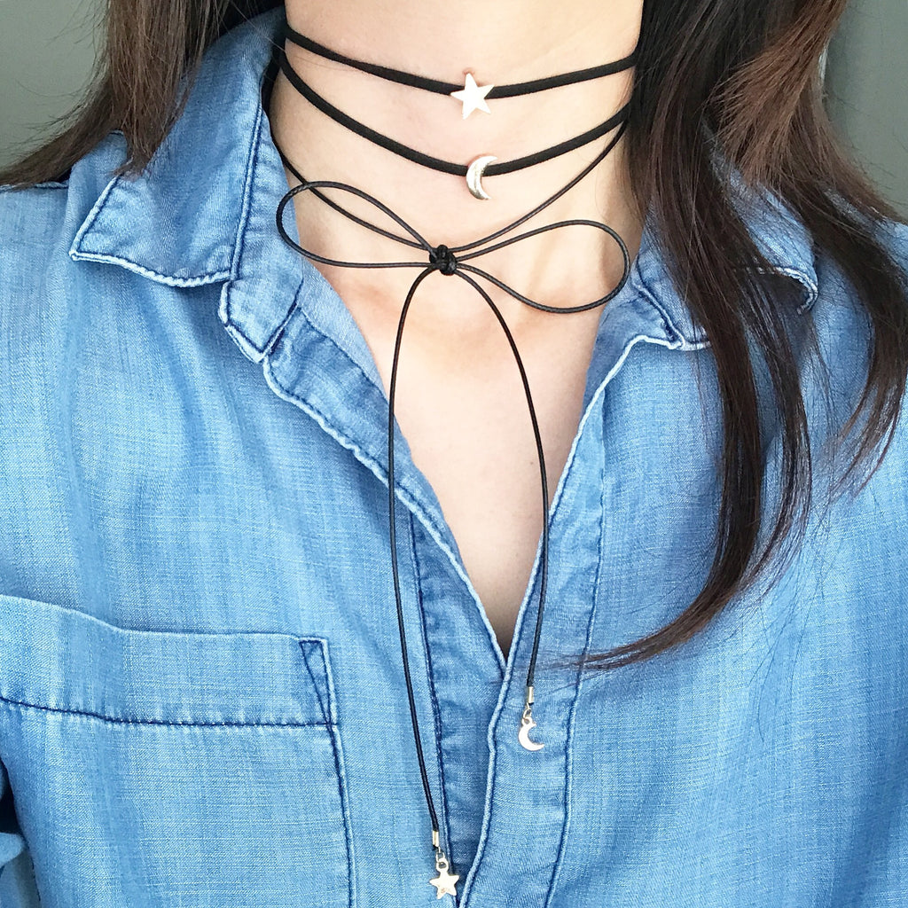 Moon & star bow choker necklace